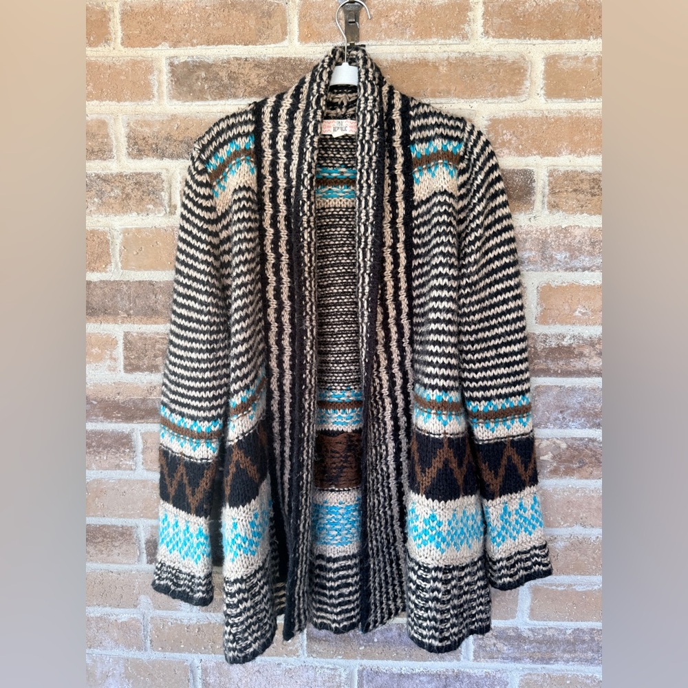 Pink Republic Black Cream Brown and Turquoise Fair Isle Cardigan Sweater